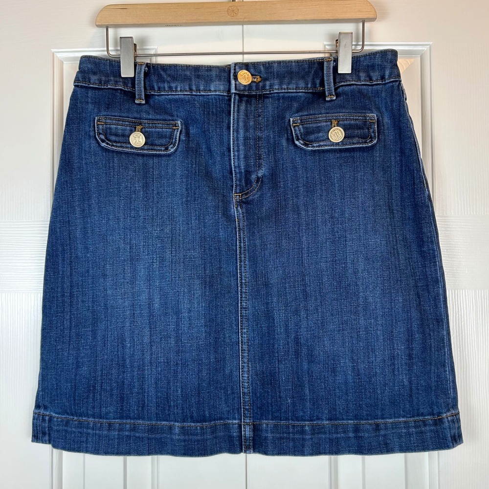 Talbots Blue Denim Jean Skirt Gold Crest Buttons Size 8